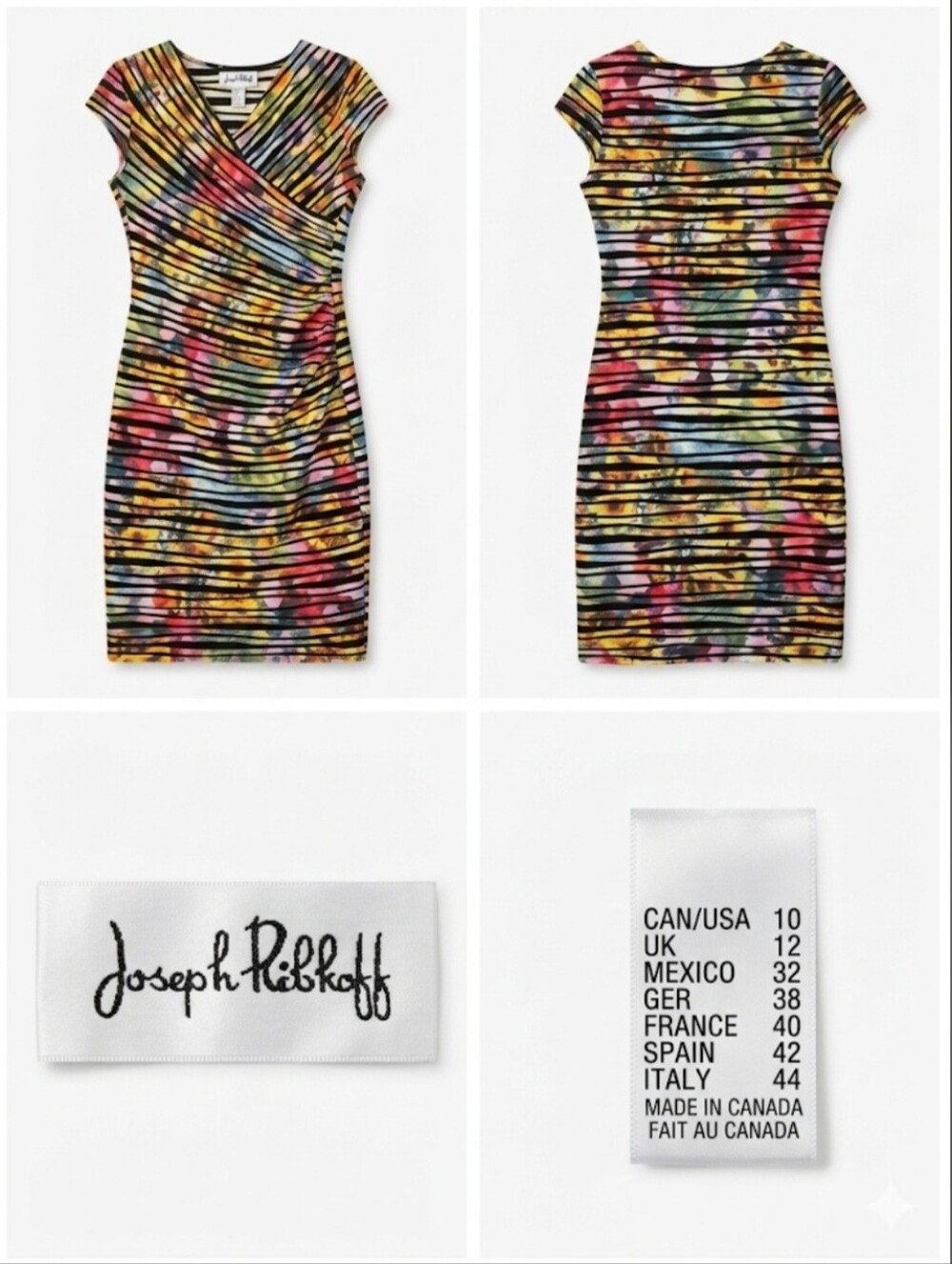 Joseph Ribkoff Multicolor Striped Floral Faux-Wrap Sheath Dress